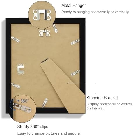 Hongkee 9x11 Picture Frame Set of 4, Made of Real Glass and Black Frame - Display Picture 7x9 with Mat or 9x11 Without Mat, 9 by 11 Photo for Wall or Tabletop - Image 5