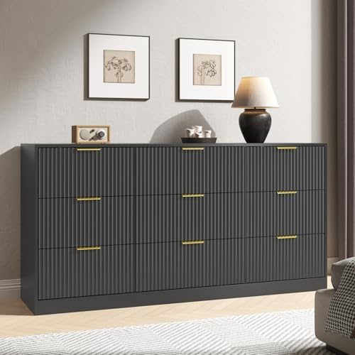 Black Dresser with 9 Drawer 63" Wide Fluted Dresser for Bedroom丨Long Dresser Modern Chest of Drawers with Gold Handle, Wood TV Stand Storage Organizer for Bedroom, Living Room, Black - Image 6