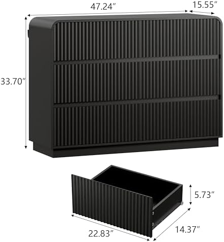 Wodeer Black Dresser Fluted 6 Drawers Dresser for Bedroom, 47" Wide Wood Chest of Drawers with Hidden Handles & Rounded Corners, Modern TV Stand Storage Cabinet for Living Room, Hallway, Entryway - Image 2