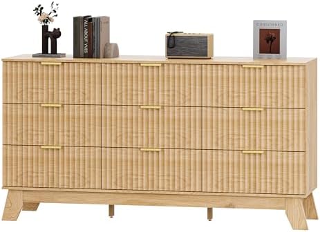 HUANLEGO Fluted Dresser for Bedroom with 9 Drawers, Oak by HUANLEGO