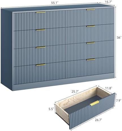 8 Drawer Dresser for Bedroom, Modern Fluted Double Dresser, 55" Wide Chest of Dressers, Mid Century Wooden Beside Table for Closet, Living Room and Entryway, Blue - Image 7