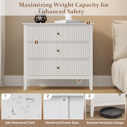 RoyalCraft White Fluted 3 Drawer Dresser, 32 inch Wide Dresser Nightstand for Bedroom, Modern Wood Chest of Drawers, Large Painted Nightstand with 3 Drawers for Closet, Hallway, Entryway - Image 6