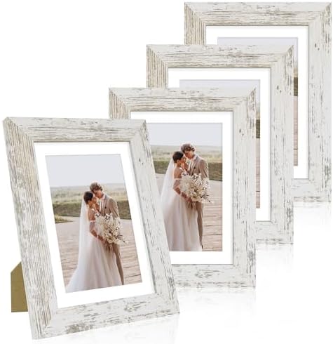 Hongkee 5x7 Picture Frame Set of 4, Made of Real Glass and Distressed White Wooden Frame, 5 by 7 Photo for Wall or Tabletop - Display Picture 4x6 with Mat or 5x7 Without Mat by Hongkee