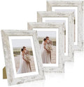 Hongkee 5x7 Picture Frame Set of 4, Made of Real Glass and Distressed White Wooden Frame, 5 by 7 Photo for Wall or Tabletop - Display Picture 4x6 with Mat or 5x7 Without Mat by Hongkee