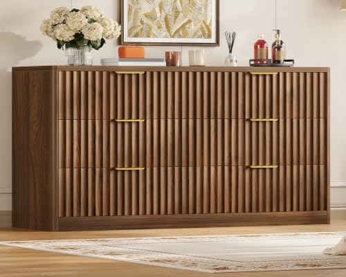 TEENFON Fluted 6 Drawer Dresser for Bedroom, Wide Modern Chest of Drawers with Metal Handle, Curved Profile Design, Wood Closet Clothes Storage Organizer for Bedroom, Hallway, Walnut by TEENFON