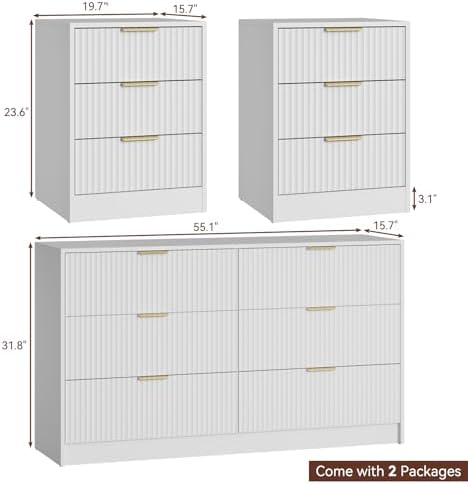6 Drawer Dresser & 3-Drawer Nightstand Set 3-Piece, White丨Long Dresser and Night Stand Set of 2 with Metal Handle, Fluted Modern Wood Chest of Drawers Storage Dressers Set for Bedroom - Image 2