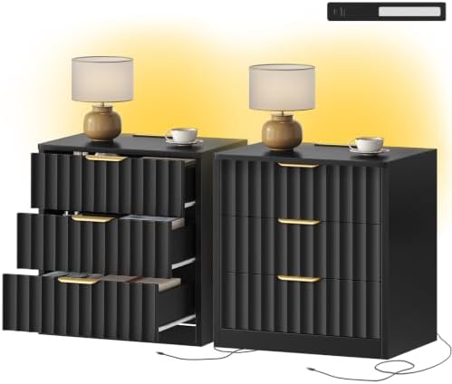 TEENFON Fluted Nightstands Set of 2, Night Stand with Charging Station and LED Light, Nightstand with 3 Storage Drawers, Bedside Table for Small Space, Bedroom, Black by TEENFON