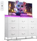 WLIVE White Dresser TV Stand 9 Drawers, Fabric Chest of Drawers LED Lights by WLIVE