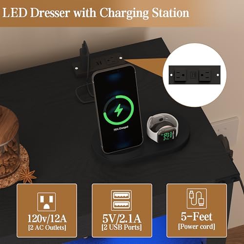 Wodeer Black Dresser 6 Drawer Dressers for Bedroom with LED Lights, Charging Station, Wood Chest of Drawers with Metal Handles, Modern TV Stand Storage Cabinet for Living Room, Hallway, Entryway - Image 4