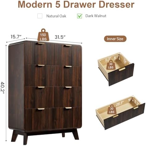 QUW Fluted 5 Drawers Dresser for Bedroom, Modern 40.2" Tall Drawer Dressers with Metal Handle, Wooden Chest of Dresser for Living Room, Hallway, Solid Wood Legs, Curved Profile Design, Dark Walnut - Image 3