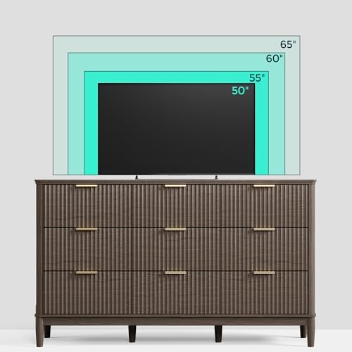 LINSY Fluted 9 Drawer Dresser for Bedroom, 58" Wide Mid-Century Modern Tall Chest of Drawers, Deep Storage Dresser with Curved Corner Design, Large Accent Wood Cabinet for Bedroom, Walnut - Image 7