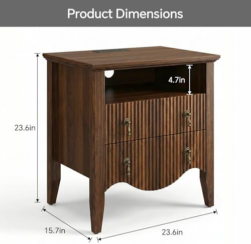 FUSUNBAO Fluted Nightstand with Charging Station & 2 Drawers,Walnut - Image 2