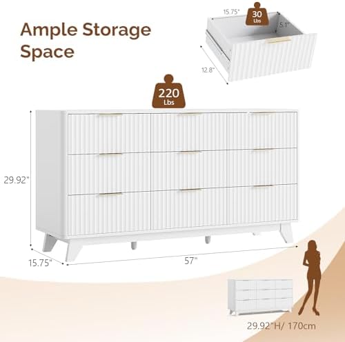 Bonnlo Fluted Dressers Chest of Drawers,57" Fluted Wide Modern Dresser with Metal Handle, Curved Profile Design, Wood Drawer Organizer for Bedroom, White - Image 2