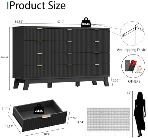 Xixini Fluted Dresser for Bedroom with 12 Drawers, 57" Wide Modern Chest of Drawers with Metal Handle, Wooden Dresser TV Stand, Wood Closet Clothes Storage Organizer for Living Room, Hallway, Black - Image 2