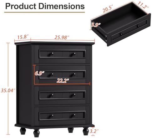 4 Drawer Dresser for Bedroom, 35'' Tall Storage Chest of Drawers, Black - Image 2