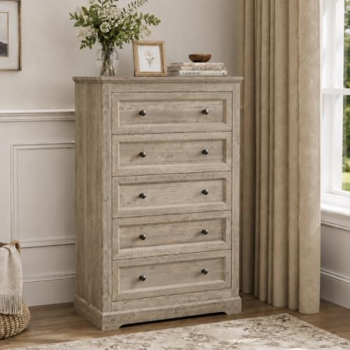LOUVIXA Farmhouse Dresser 5 Drawer, Bedroom Chest of Drawers, Dressers with 5 Drawers, Wooden Dressers for Bedroom, Living Room, Tv Stand, Entryway(Rustic Yellow) by LOUVIXA