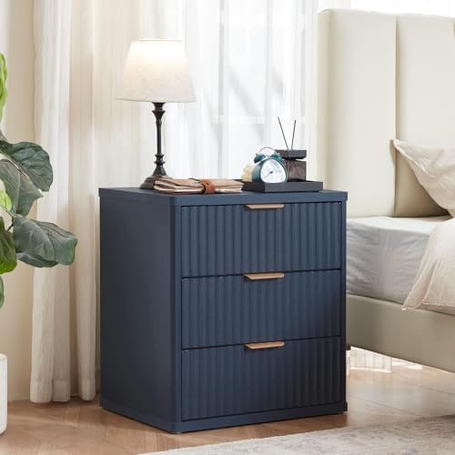 LEYAOYAO Fluted Nightstand with Charging Station, 23" Modern Night Stand with Woodgrain Top, 3 Drawers End Table w/Storage, Bedside Tables for Bedroom, Living Room, Curved Profile Design, Blue - Image 4