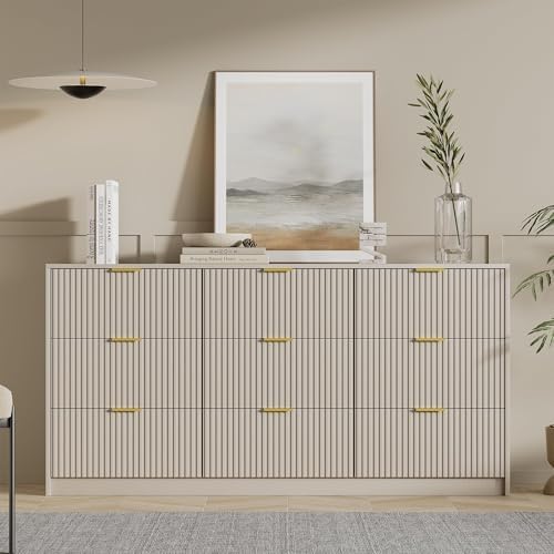 Furniway 9 Drawer Dresser for Bedroom, 63" Wide Dresser with Gold Handles, Modern Wood Chest of Drawers Storage Cabinet, Fluted Long Dresser for Bedroom, Living Room, Hallway, Beige - Image 7