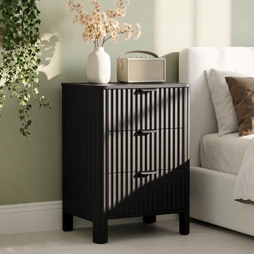 Wodeer 3 Drawer Black Dresser for Bedroom, 20" W Wood Storage Cabinet with Fluted Design, Modern Chest of Drawers for Living Room, Nursery Clothing Organizer with Metal Slides, Anti-Tipping by WODEER