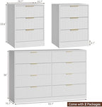 3 Pcs White 8 Drawer Dresser & 3-Drawer Nightstand Set丨Tall Fluted Dresser and Night Stand Set of 2 with Metal Handle, Modern Wood Chest of Drawers Storage Dressers Set for Bedroom - Image 2