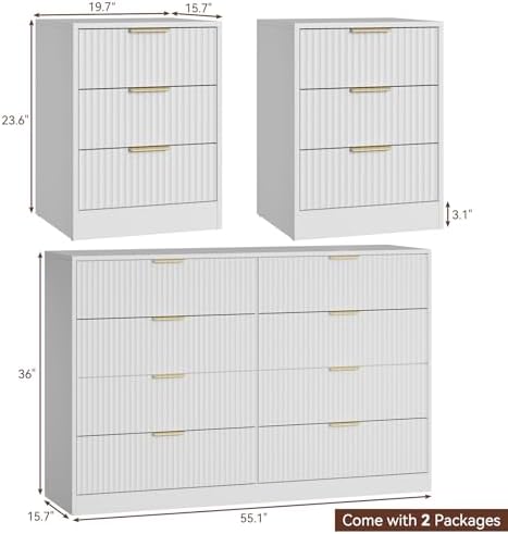3 Pcs White 8 Drawer Dresser & 3-Drawer Nightstand Set丨Tall Fluted Dresser and Night Stand Set of 2 with Metal Handle, Modern Wood Chest of Drawers Storage Dressers Set for Bedroom - Image 2