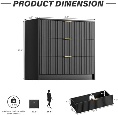 Furniway Black Dresser for Bedroom, Modern Dresser with 3 Drawers and Smooth Slides, Wide Chest of Drawers with Golden Handles for Bedroom, Living Room, Closet, 15.7" D x 31.5" W x 29.6" H - Image 2