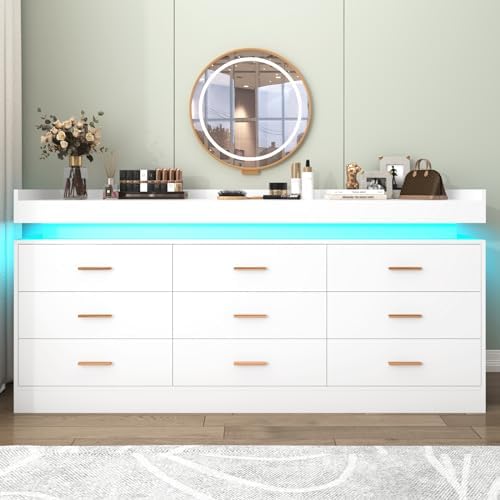 Hlivelood 9 Drawer Dresser with LED Light and Charging Station, Modern Chest of Drawers for Closet, Wide Drawer Organizer Cabinet for Bedroom, Living Room, Entryway, Hallway(9 Drawer White) - Image 3