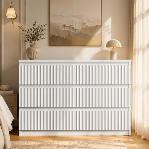 Jocoevol 6 Drawer Fluted Dresser, Modern Chest of Drawers for Bedroom with Hidden Handles, Wood Storage Organizer Cabinet for Living Room & Entryway, White (15.7" D x 47.3" W x 31.6" H) - Image 4
