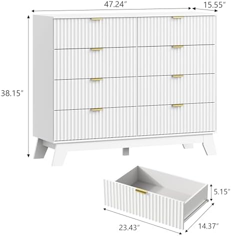 Wodeer 8 Drawer Fluted Dresser for Bedroom, Mid Century Modern Dresser with 8 Drawers, Dressers & Chests of Drawers with Metal Handle, TV Stand & Storage Organizer for Entryway, Hallway, White - Image 2