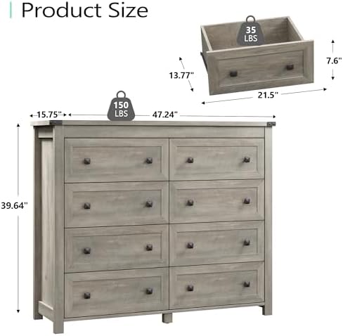 Xixini 47.2" Wide 8-Drawer Farmhouse Dresser for Bedroom, Light Grey - Image 3