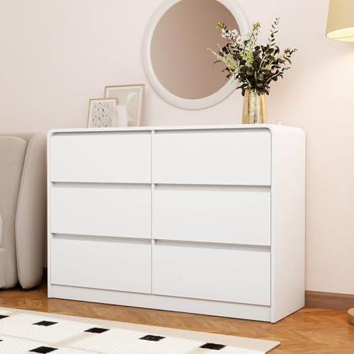 Vibe & Dine White 6 Drawer Dresser for Bedroom, Modern Wooden Dressers & Chests of Drawers with Arc Edge Design, 47" Wide Dresser for Closet, Living Room, Entryway - Image 4