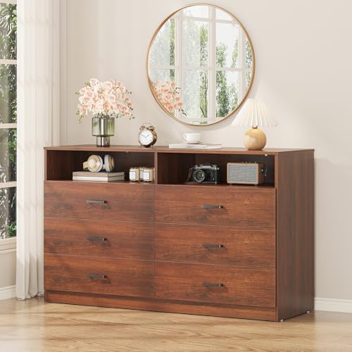 Bigbiglife 6 Drawers Dresser for Bedroom Wooden Drawer with Open Storage Cubby, Double Wide Dresser Organizer for Bedroom, Living Room, Entryway, Hallway (Walnut Brown) - Image 5