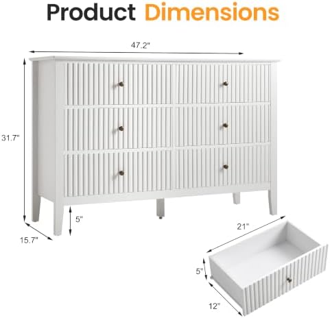 RoyalCraft White 6 Drawer Dresser for Bedroom, Fluted Painted Wood Chest of Drawers, Modern TV Stand Storage Cabinet for Living Room, Entryway, 47" W x 16" D x 32" H - Image 2