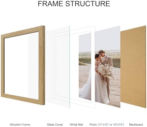 Hongkee 11x15 Picture Frame Set of 4, Made of Real Glass and Natural Oak Frame - Display Picture 10x14 with Mat or 11x15 Without Mat, 11 by 15 Photo for Wall Mounting - Image 3