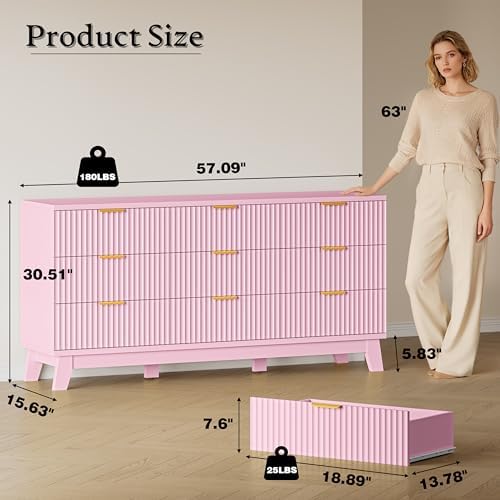BORNOON Fluted 9 Drawer Dresser, 57.1" Wide Modern Boho Chest of Drawers, Wooden Storage Dresser TV Stand for Bedroom, Living Room, Closet, Hallway, Curved Profile Design - Image 2