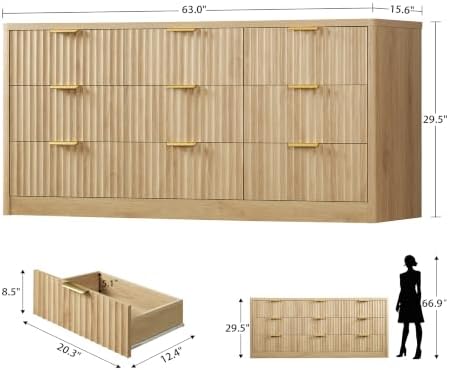 TEENFON 63" Dresser for Bedroom with 9 Drawers, Modern Dressers & Chest of Drawers with Metal Handles, Fluted Dresser, Wood Closet Clothes Storage Organizer for Living Room, Hallway, Natural - Image 3