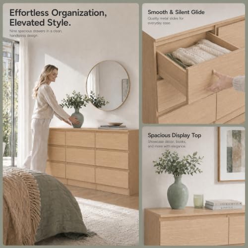 9 Drawer Dresser for Bedroom,Modern Deep Drawer Dresser with No-Handle Design,Storage Wood Chest of Drawer,Storage Organizer Furniture for Closet,Hallway - Image 5
