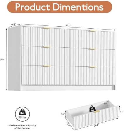 Furniway White Dresser for Bedroom, Modern Dresser with 6 Drawers and Smooth Slides, Wide Chest of Drawers with Golden Handles for Bedroom, Living Room, Closet, 15.7" D x 55.1" W x 31.4" H - Image 2