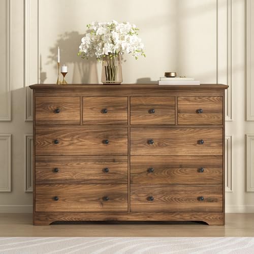 55 Inch Wide Dresser for Bedroom, 10 Drawer Dresser with Large Drawers, Thickened Top, Wood Chest for Living Room, Hallway, Walnut - Image 5