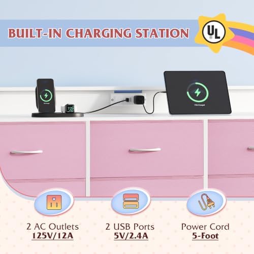 WLIVE Dresser TV Stand with LED Lights & Power Outlets for 55 Inch TV, Pink - Image 5