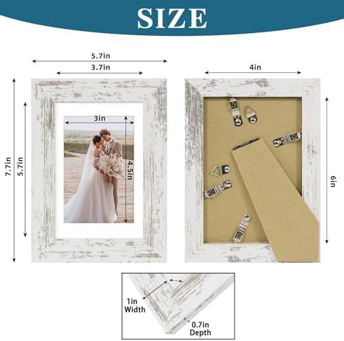Hongkee 4x6 Picture Frame Set of 4, Made of Real Glass and Distressed White Wooden Frame, 4 by 6 Photo for Wall or Tabletop - Display Picture 3.5x5 with Mat or 4x6 Without Mat - Image 3