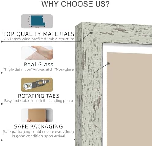 Hongkee 11x14 Picture Frame Set of 4, Made of Real Glass and Sage Green Wooden Frame, Display 8x10 Pictures with Mat or 11 x 14 Posters without Mat for Wall Mounting, Gallery Photo Frames - Image 6
