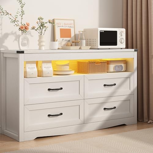 Wodeer White Dresser for Bedroom, Wood 4 Drawer Dresser with LED Light, Dressers & Chests of Drawers with Metal Handles, Storage and Organization for Bedroom, Hallway, Entryway by WODEER