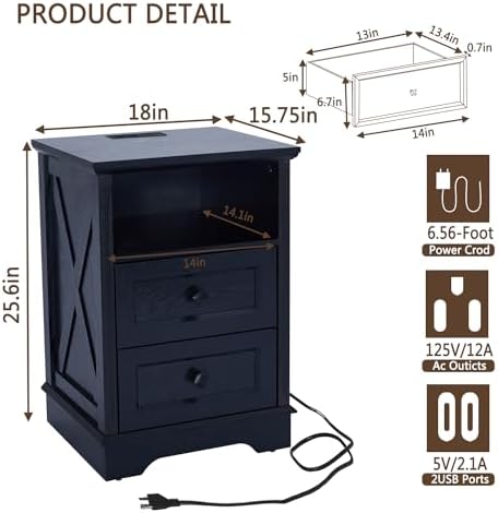 Farmhouse 2 Drawers Dresser for Bedroom,Black Dresser with Charging Station - Image 2