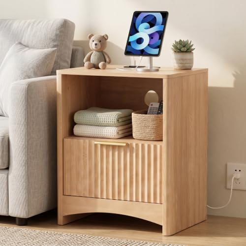 Marsail Wooden Nightstand with Drawer, Modern Night Stand with Charging Station and Storage, Fluted Bedside Table Boho End Table for Bedroom, Natural Oak (1 Pack) by Marsail