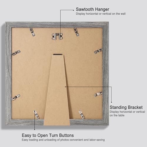 Hongkee 12x12 Picture Frame Set of 4 - Made of Glass and Grey Wooden Frame, Display Square Pictures 10x10 with Mat or 12 x 12 without Mat, Desktop & Wall Collage Photo Frame - Image 3