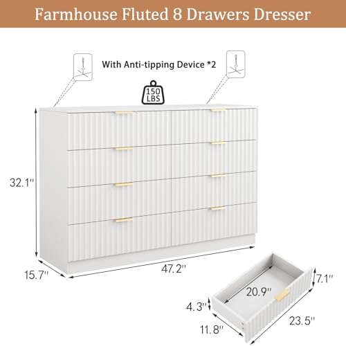 47.2" Wide Fluted 8 Drawer Dresser for Bedroom, White - Image 2