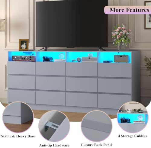Gyfimoie 12-Compartment Divided Drawer Dresser w/Power Outlet, LED Light - Image 3