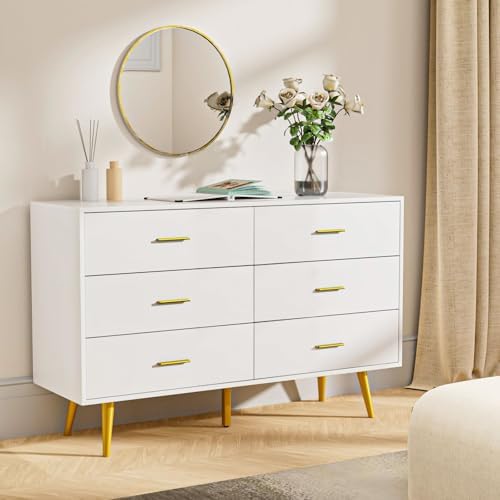 White 6 Drawer Dresser for Bedroom, 47" Wood Dresser with Gold Handles. by CARPETNAL
