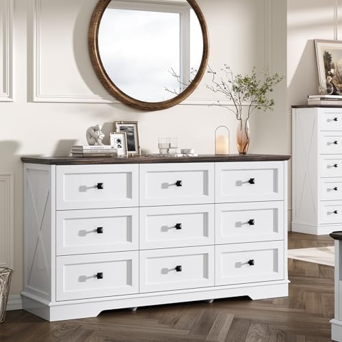 Farmhouse 9 Drawers Dresser Chests for Bedroom, White 9 Drawers TV Stand by FFBCFDKFurnitureSet